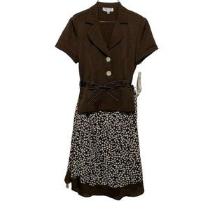 Studio One Two Piece Blazer Skirt Set Women Size 10P Brown Tan Brown Ribbon Belt